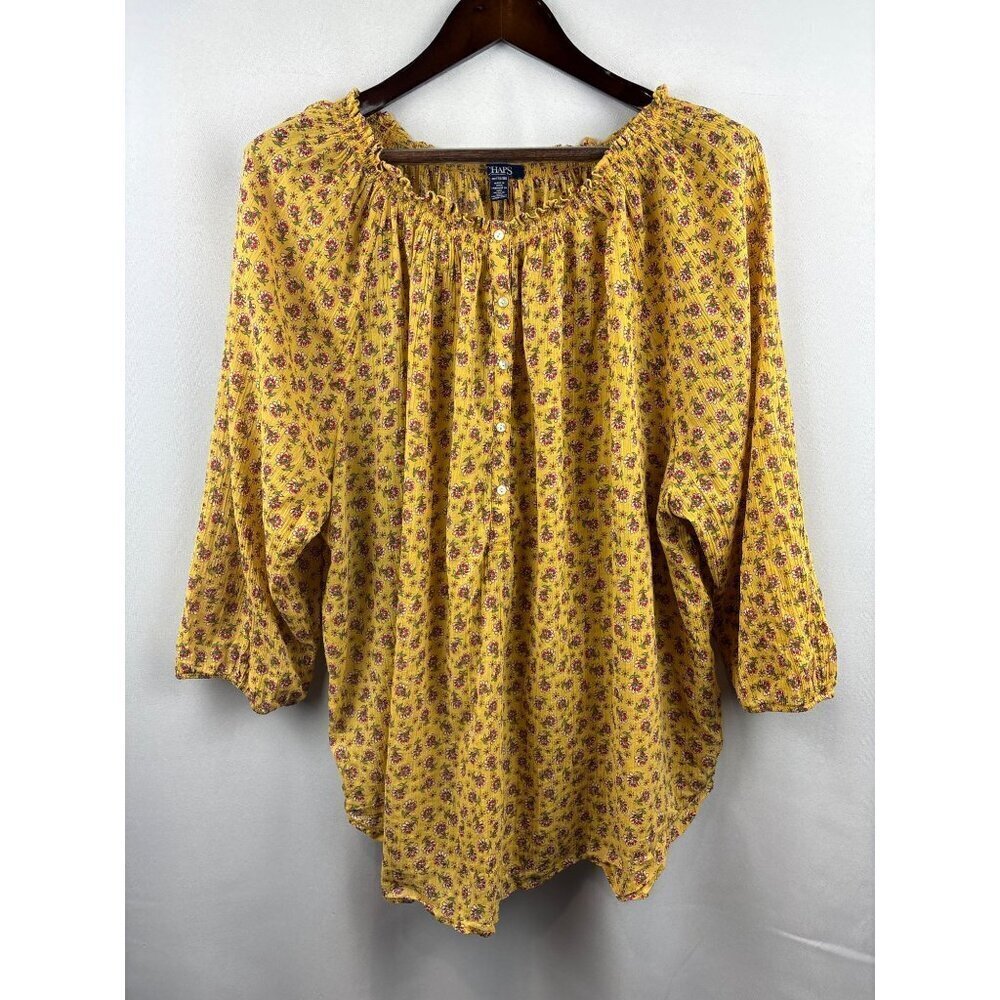 Women’s Chaps 2X Yellow 3/4 Button Blouse w/ Pink Florals.